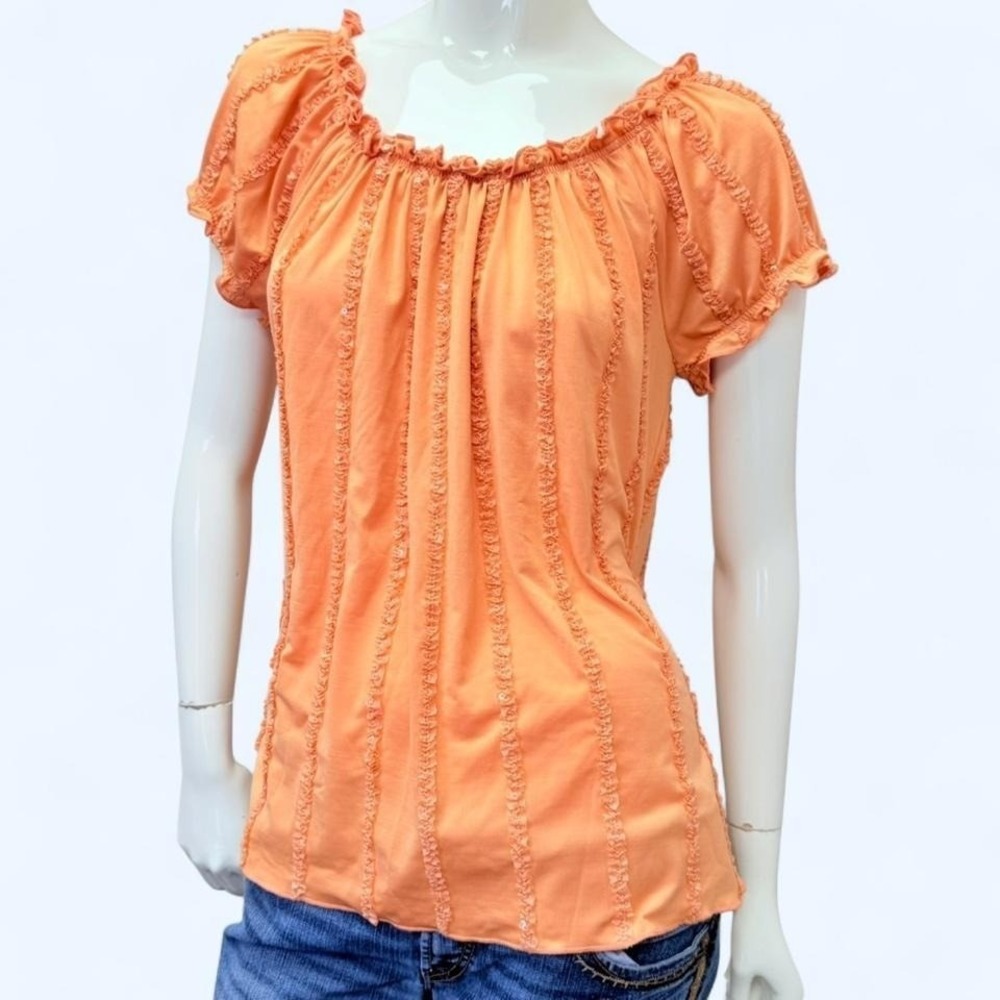 Y2K Off Shoulder Milkmaid Top Peach Coral Puff Sleeve Fairycore Blouse Large - Picture 4 of 8